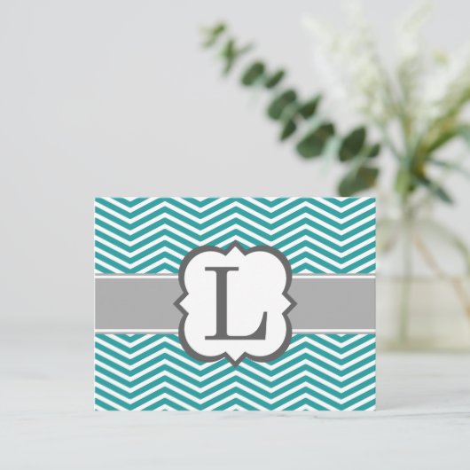 Blauwgroen wit monogram Letter L Chevron Briefkaart (Staand voorkant)