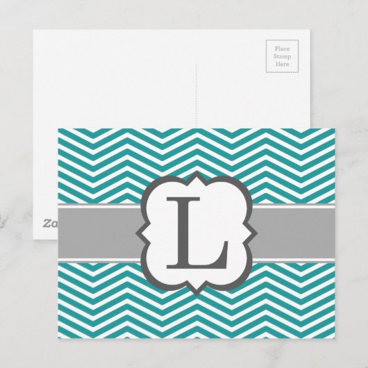 Blauwgroen wit monogram Letter L Chevron Briefkaart (Voorkant / Achterkant)