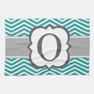Blauwgroen wit monogram letter O Chevron Theedoek