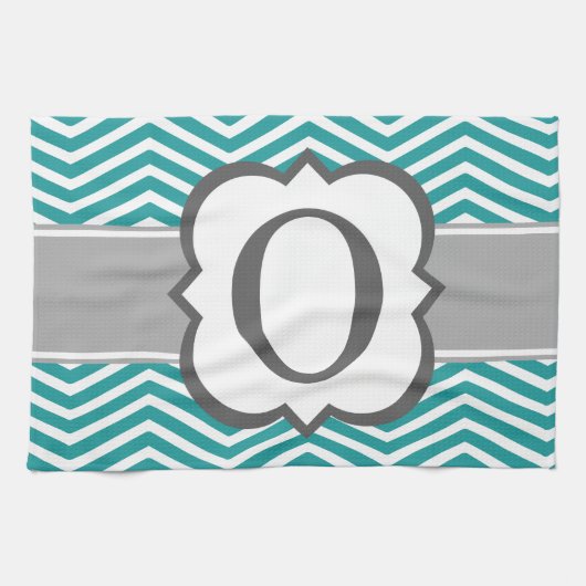 Blauwgroen wit monogram letter O Chevron Theedoek (Horizontaal)