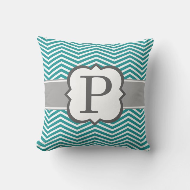 Blauwgroen wit monogram Letter P Chevron Kussen (Voorkant)