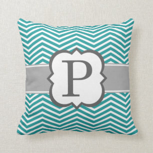 Blauwgroen wit monogram Letter P Chevron Kussen