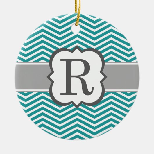 Blauwgroen wit monogram letter R Chevron Keramisch Ornament (Voorkant)