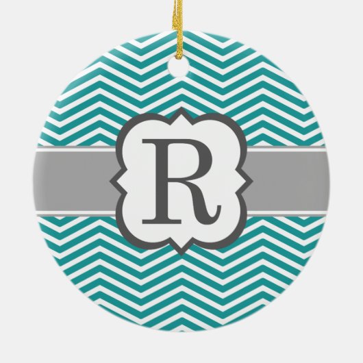 Blauwgroen wit monogram letter R Chevron Keramisch Ornament (Achterkant)