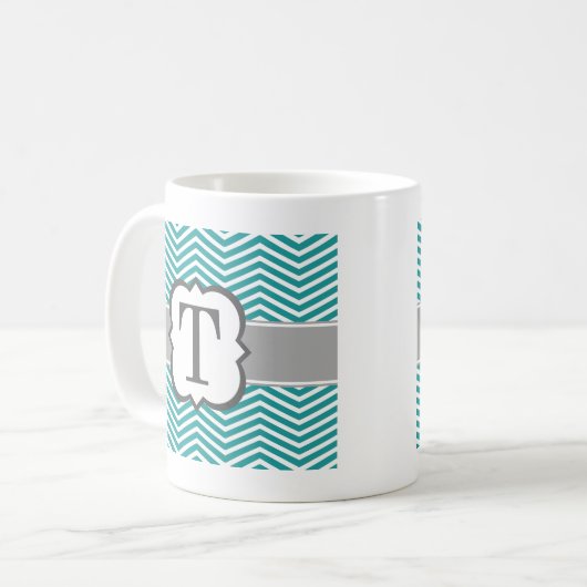Blauwgroen wit monogram Letter T Chevron Koffiemok (Voorkant links)