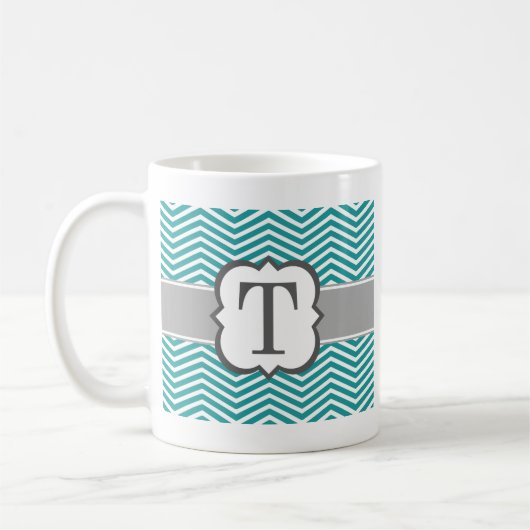 Blauwgroen wit monogram Letter T Chevron Koffiemok (Links)