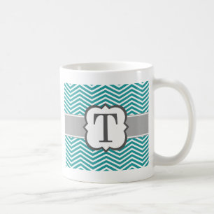 Blauwgroen wit monogram Letter T Chevron Koffiemok
