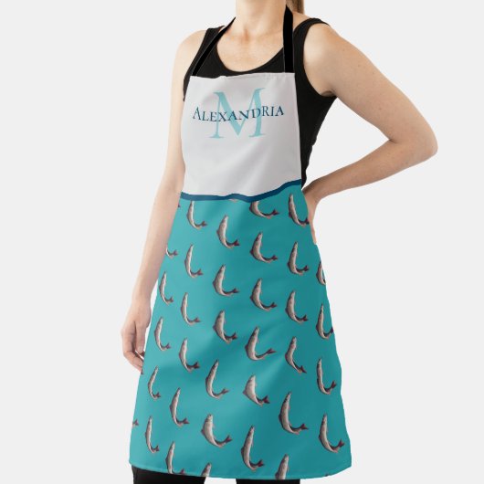 Blauwgroen wit monogram Naam Forel patroon Schort (Insitu)