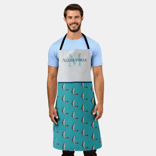 Blauwgroen wit monogram Naam Forel patroon Schort (Gedragen)