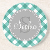 Blauwgroen wit monogram patroonpatroon Gingham Zandsteen Onderzetter (Voorkant)