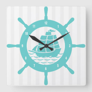Blauwgroen & Wit Nautische Boat Wiel & Stripes Vierkante Klok