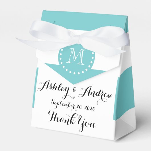 Blauwgroen wit strepenpatroon, uw monogram bedankdoosjes (Voorkant Zijde)