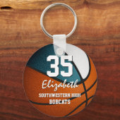 Blauwgroen wit team kleuren jongens basketbal sleutelhanger (Achterkant)