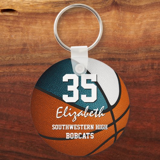 Blauwgroen wit team kleuren jongens basketbal sleutelhanger (Voorkant)