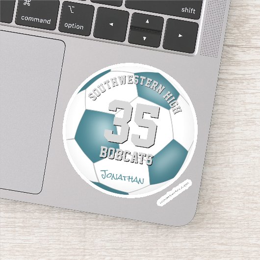 Blauwgroen wit team kleuren kinder voetbalwedstrij sticker (Detail)