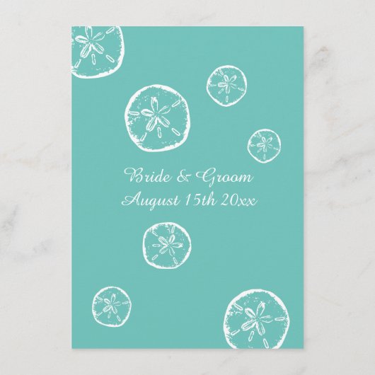 Blauwgroen & wit zand dollar shell strand bruiloft menu (Achterkant)