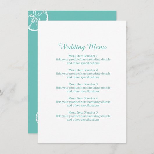 Blauwgroen & wit zand dollar shell strand bruiloft menu (Voorkant / Achterkant)