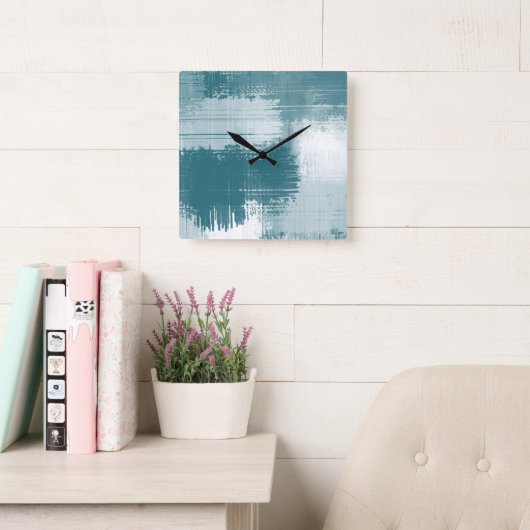 Blauwgroen witte Abstracte penseelstreken Vierkante Klok (Leeskamer)