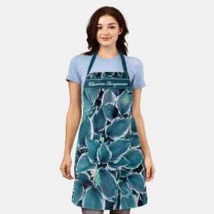 Blauwgroen & Witte bladeren Monogram Schort