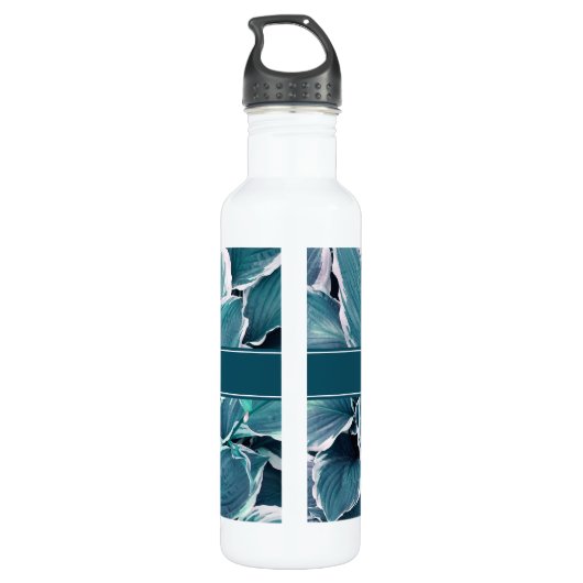 Blauwgroen & Witte bladeren Monogram Waterfles (Achterkant)