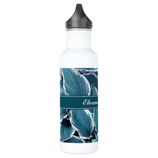 Blauwgroen & Witte bladeren Monogram Waterfles (Links)