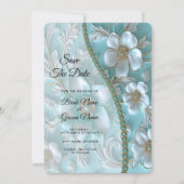 Blauwgroen witte bloem Bewaar de datum Save The Date (Voorkant)