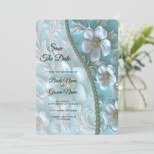 Blauwgroen witte bloem Bewaar de datum Save The Date (Staand voorkant)