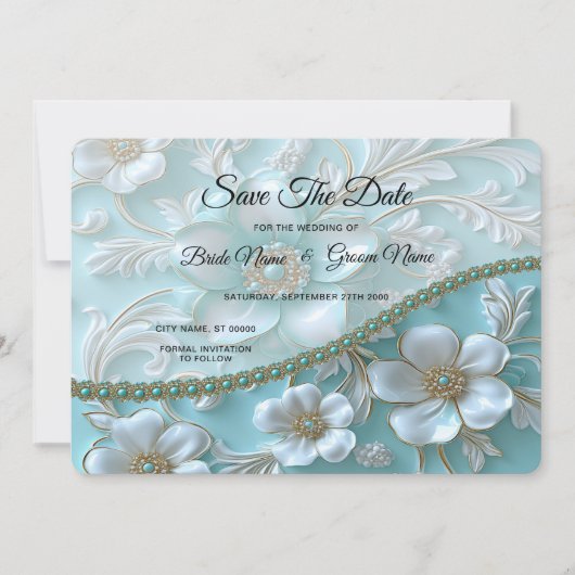 Blauwgroen witte bloem Bewaar de datum Save The Date (Voorkant)