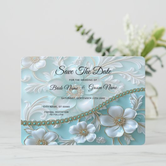 Blauwgroen witte bloem Bewaar de datum Save The Date (Staand voorkant)