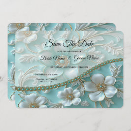 Blauwgroen witte bloem Bewaar de datum Save The Date