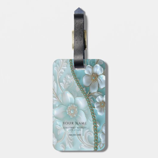 Blauwgroen witte bloemen Bagagelabel (Achterkant verticaal)