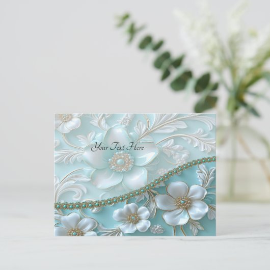 Blauwgroen witte bloemen Briefkaart (Staand voorkant)