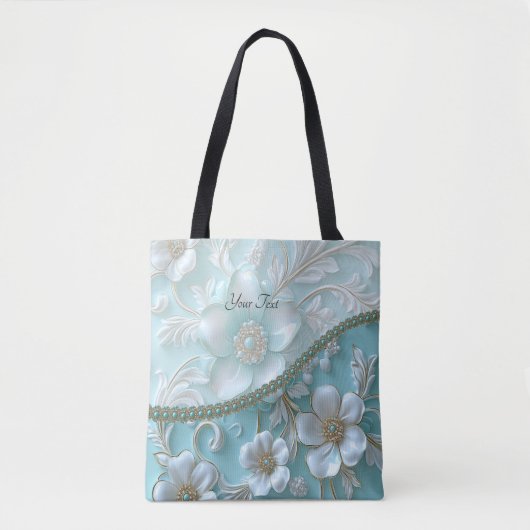 Blauwgroen Witte Bloemen Canvas tas (Voorkant)