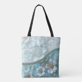 Blauwgroen Witte Bloemen Canvas tas (Achterkant)
