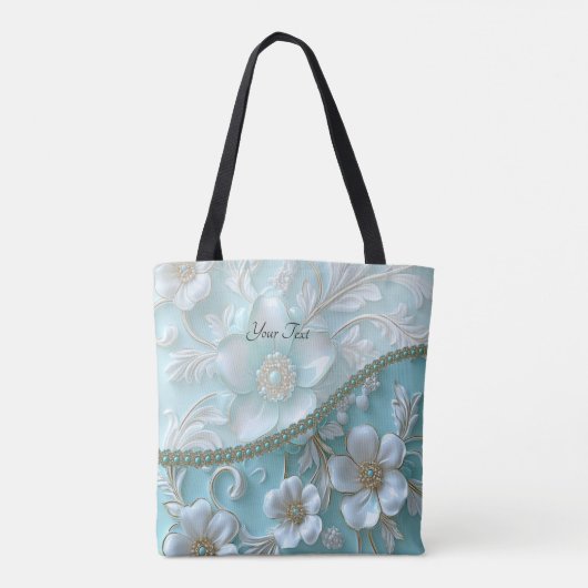Blauwgroen Witte Bloemen Canvas tas (Achterkant)