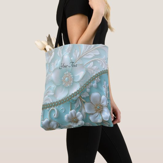 Blauwgroen Witte Bloemen Canvas tas (Dichtbij)