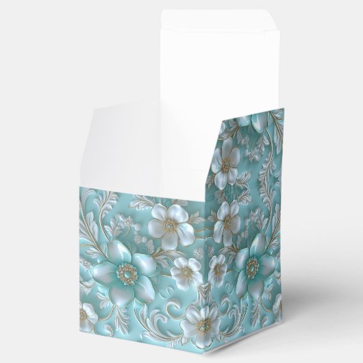 Blauwgroen Witte Bloemen Favoriete Doos Bedankdoosjes (Geopend)