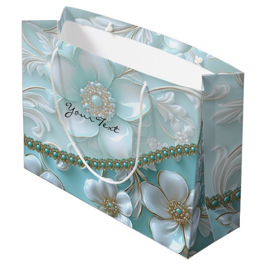 Blauwgroen Witte Bloemen Geschenktas Groot Cadeauzakje (Achterkant Gekanteld)