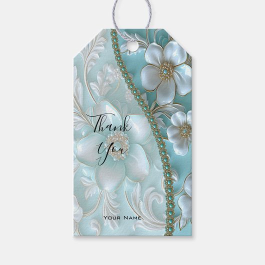 Blauwgroen Witte Bloemen Gift Label Cadeaulabel (Voorkant)