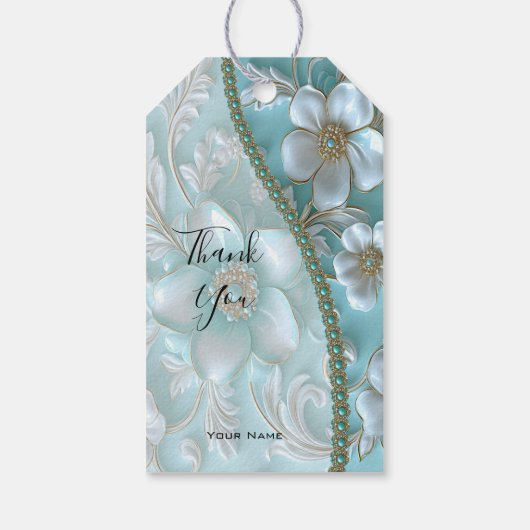 Blauwgroen Witte Bloemen Gift Label Cadeaulabel (Achterkant)