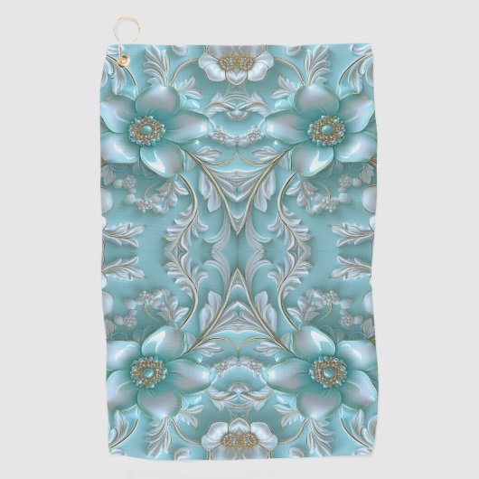 Blauwgroen Witte Bloemen Golfhanddoek (Voorkant)