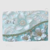 Blauwgroen Witte Bloemen Golfhanddoek (Horizontaal)