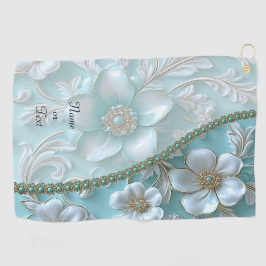 Blauwgroen Witte Bloemen Golfhanddoek (Horizontaal)