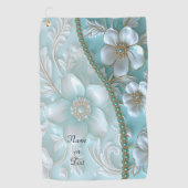 Blauwgroen Witte Bloemen Golfhanddoek (Voorkant)