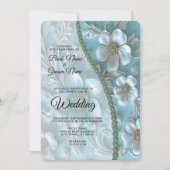 Blauwgroen Witte Bloemen Huwelijksuitnodiging Kaart (Voorkant)