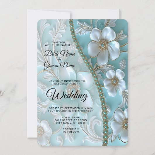 Blauwgroen Witte Bloemen Huwelijksuitnodiging Kaart (Voorkant)
