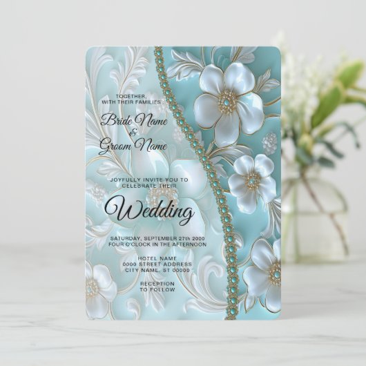 Blauwgroen Witte Bloemen Huwelijksuitnodiging Kaart (Staand voorkant)