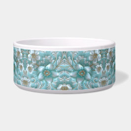 Blauwgroen Witte Bloemen Keramische Pet Bowl Voerbakje
