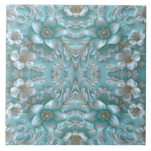 Blauwgroen Witte Bloemen Keramische Tegel Tegeltje