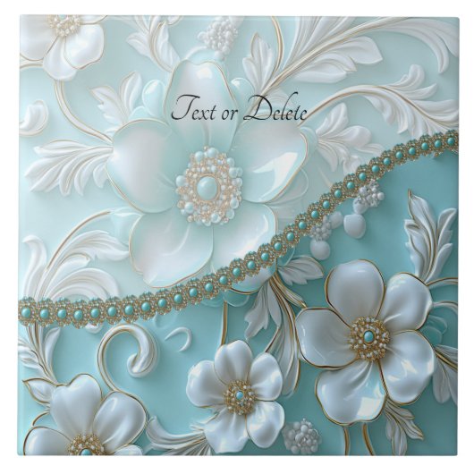 Blauwgroen Witte Bloemen Keramische Tegel Tegeltje (Voorkant)